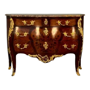 19th Century French Bombe Louis XV Style Marble Top Commode With Floral Inlays