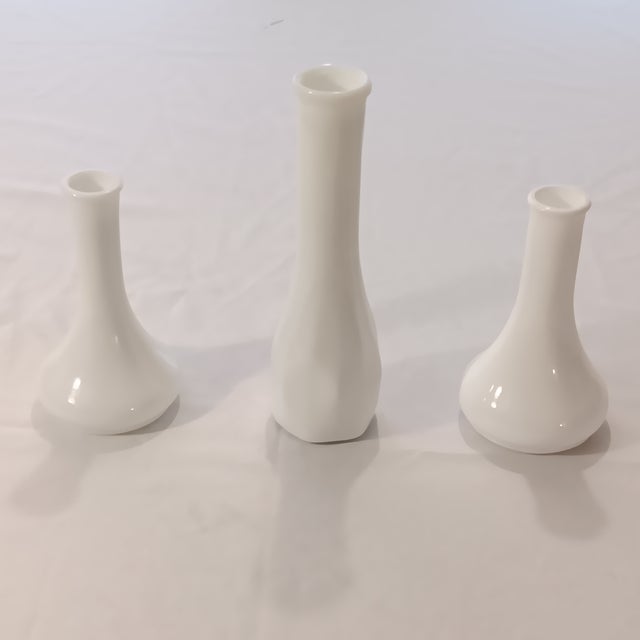 Classic Vintage Hoosier 4061 Milk Glass Vases One Diamond Pattern and Two Bulbous Shape- Set of 3 1 Vase 2.25" w x 9" h 2...