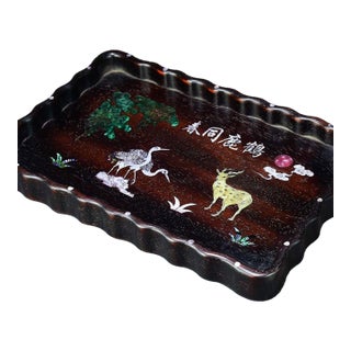 Scalloped Wooden Tray With Mother-of-Pearl Deer and Crane Inlay For Sale