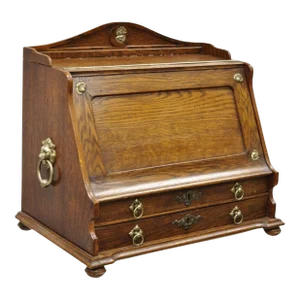 19th Century Antique English Victorian Oak Wood Desktop Portable Lap Desk Letter Holder