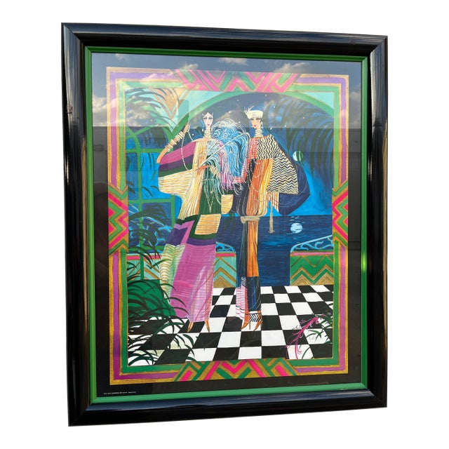 1980s ArtDeco Revival Fashion Illustration Print Framed and Signed by the Artist For Sale
