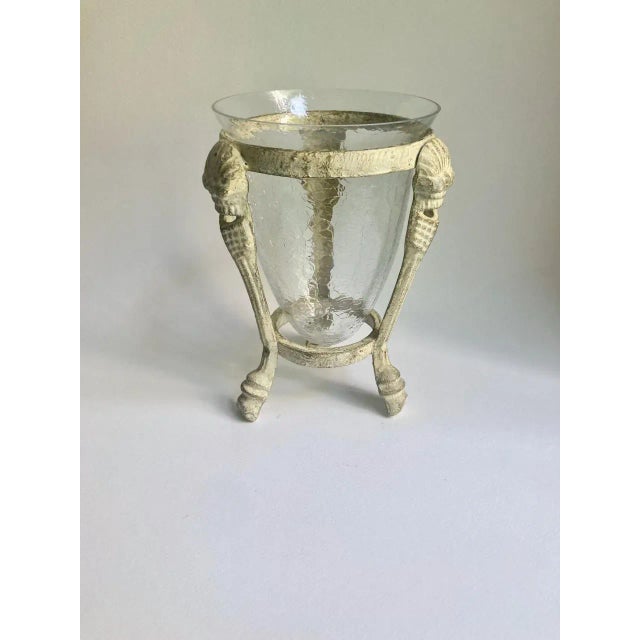Late 20th Century enameled tri legged Metal Stand with Crackled Finish Glass Insert. Centerpiece. Vase. Plants. Dried...