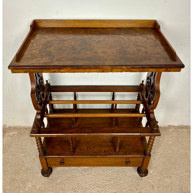 Wood 1930s Victorian Walnut Canterbury Magazine Rack with Tray Top For Sale - Image 7 of 10