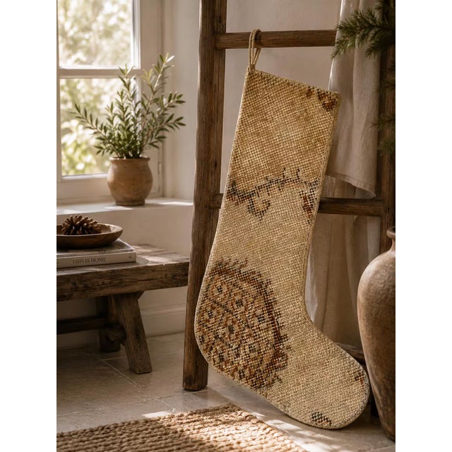 American Faded Vintage Wool Kilim Christmas Stocking, Ivory & Rust Accents, 12.2 X 17.7 in – One of a Kind Turkish Decor For Sale - Image 3 of 6