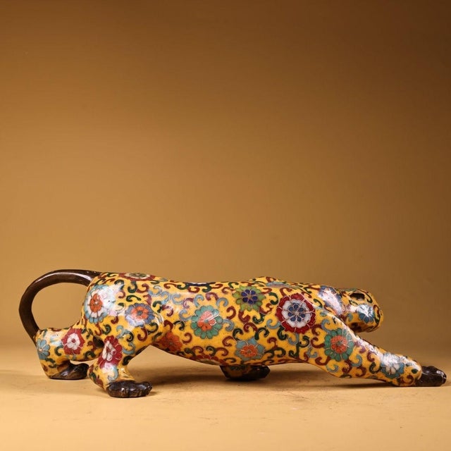 Traditional Gilt Bronze Cloisonné Enamel Leopard Figure in Stalking Pose For Sale - Image 3 of 10