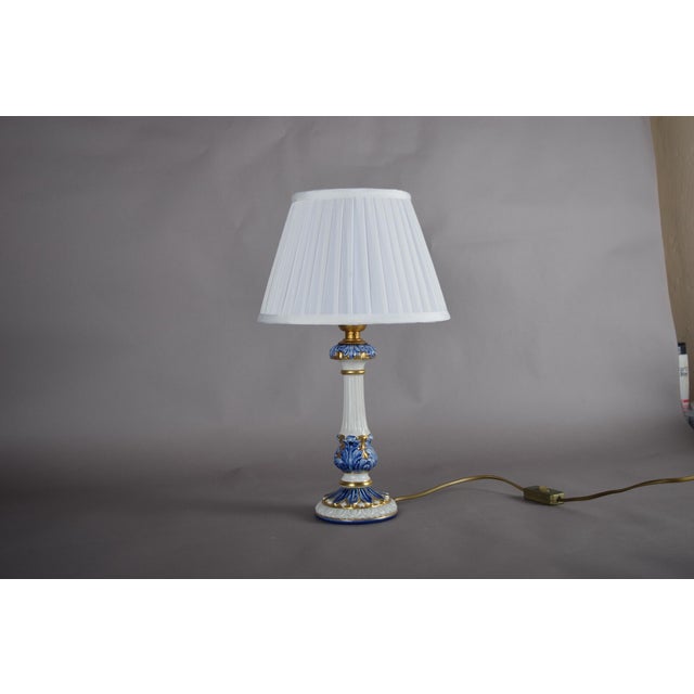 Blue and White Ceramic Table Lamp with Gilded Details and Pleated Shade, 1970s For Sale - Image 3 of 10
