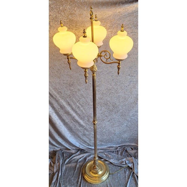 Vintage Floor Lamp with Decorated Brass Frame and Four Opaque White Glass Shades, 1970s For Sale - Image 3 of 8