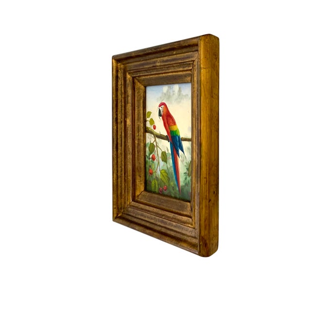 Late 20th Century Parrot Painting Bird Art Tropical Red Macaw Oil on Board Wall Decor For Sale - Image 4 of 5