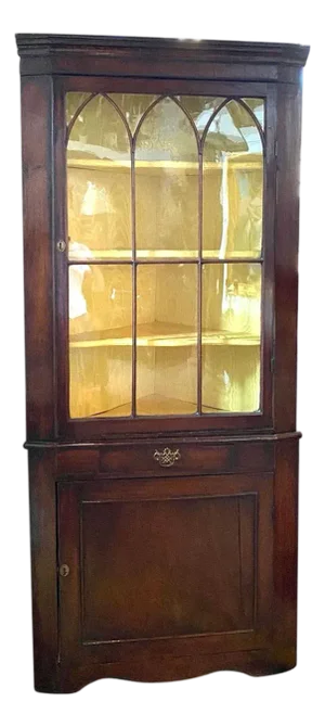 Small English Georgian Mahogany Glazed Door Two-Part Corner Cupboard