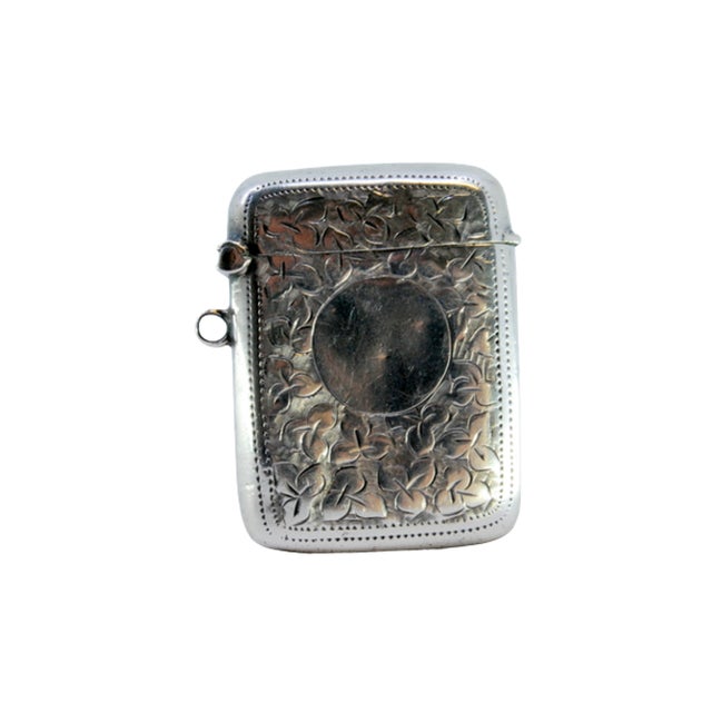 Silver Silver Matchbox with Plant Motifs Surrounding Monogram Card and Hanging Ring For Sale - Image 8 of 8