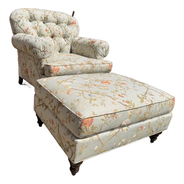 Custom Tufted Scalamandre Light Blue Floral Lounge Chair and Ottoman For Sale