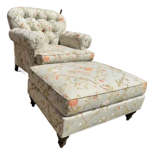 Custom Tufted Scalamandre Light Blue Floral Lounge Chair and Ottoman