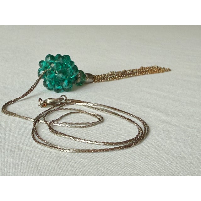 Vintage Faceted Emerald Green Glass Pendant Tassle Necklace For Sale - Image 10 of 15