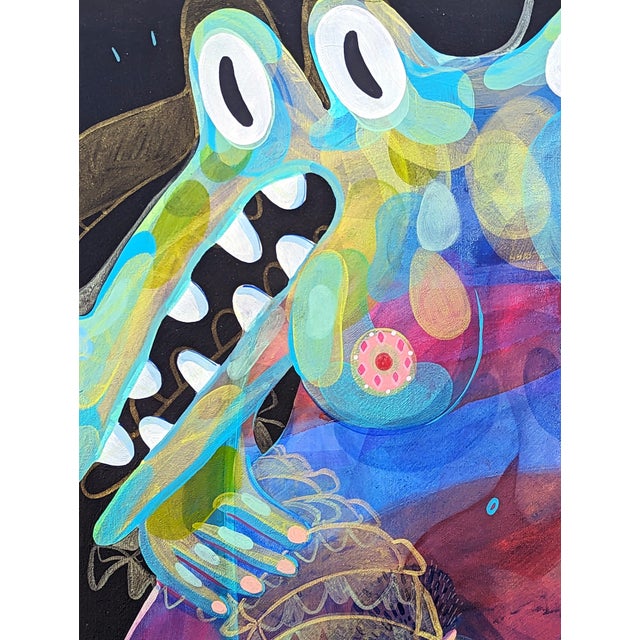 Pink Cecilia Beaven Contemporary Abstract Green and Pink Biomorphic Double Alligator Figure Painting, 21st Century For Sale - Image 8 of 10
