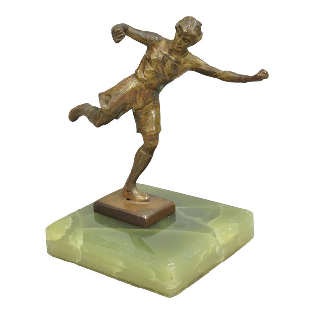 Early 20th Century Antique Art Deco Small 6" Bronze Onyx Base Soccer Futbol Player Sculpture Figure For Sale