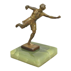 Early 20th Century Antique Art Deco Small 6" Bronze Onyx Base Soccer Futbol Player Sculpture Figure