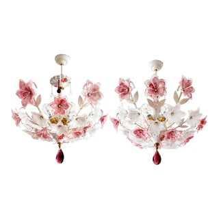 Vintage Murano Style Floral Chandelier – Romantic Pink & White Glass Bouquet Light - Pair For Sale