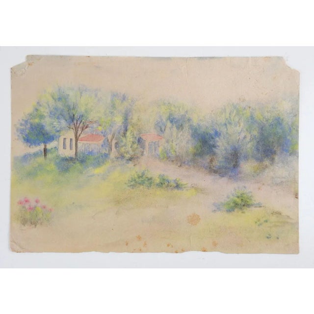 Antique circa 1910 watercolor on paper landscape with farmhouse. Unsigned. Unframed, age toning, edge wear, upper corner...