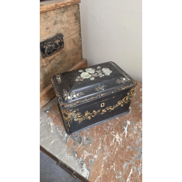 Materials: Papier mâché / lacquered wood, mother of pearl inlay, gilt decoration, brass hardware, green velvet, cut...