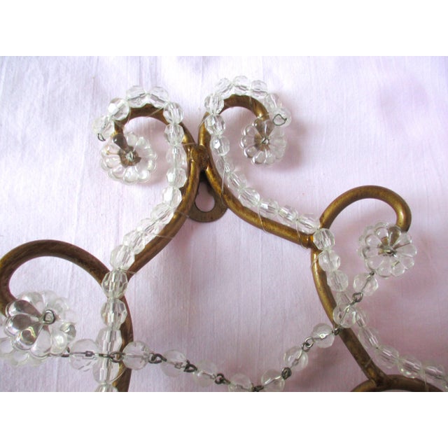 1960s Vintage Hollywood Regency Ornate Gold Tole & Crystal Prisms Double Candle Wall Sconce For Sale - Image 5 of 6