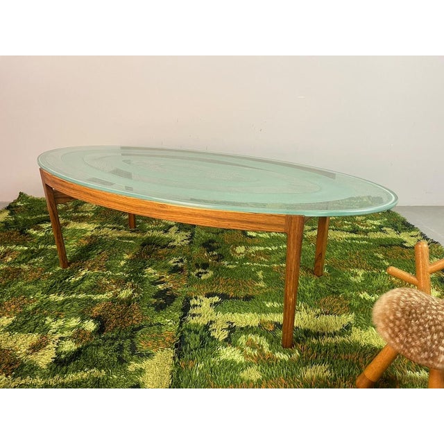 Wood Mid-Century Oval Coffee Table in Teakwood & Etched Glass from Ib Kofod-Larsen, Denmark, 1960s For Sale - Image 7 of 14