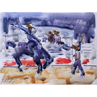 Untitled 2 by Clyde Steadman | Watercolor on Vellum Cowboy riding a horse at a rodeo. For Sale