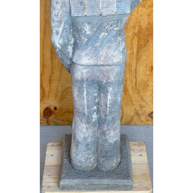 WPA Style Cast Stone Garden Flag Bearer Statue of a Handsome Navy Sailor For Sale - Image 11 of 11