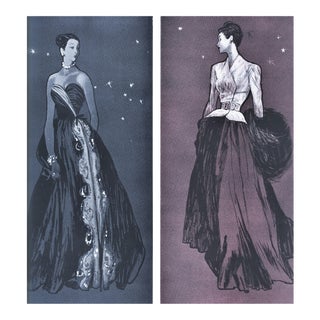 1946 Pair Matted Vintage Mid-Century Evening Fashion Prints by Gruau For Sale