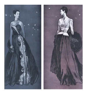 1946 Pair Matted Vintage Mid-Century Evening Fashion Prints by Gruau