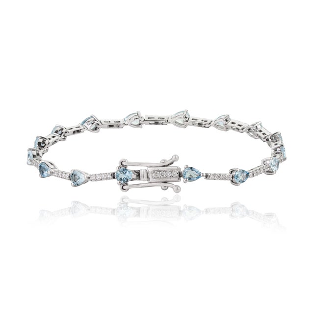 Mexican 1.61ct Pear Cut Aquamarine & Diamond Tennis Bracelet in 14k White Gold For Sale - Image 10 of 18