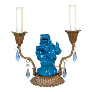 Early 20th Century French Belle Époque Chinoiserie Foo Dog Candelabra Lamp, Turquoise Flambé For Sale