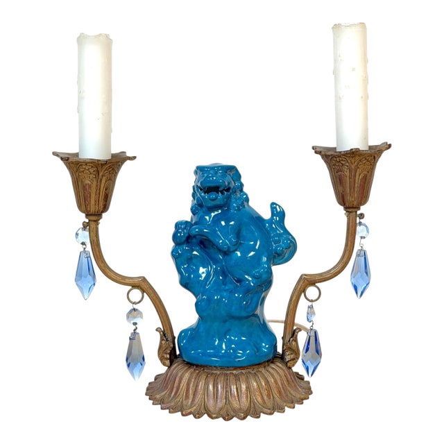 Early 20th Century French Belle Époque Chinoiserie Foo Dog Candelabra Lamp, Turquoise Flambé For Sale