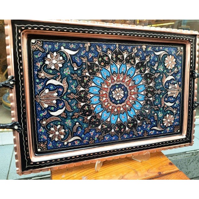 Handmade Floral Circle Engraved Service Tray with Handles For Sale - Image 4 of 10