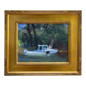 Vintage American Impressionist Landscape Painting of a Boat on Water by Harry Barton