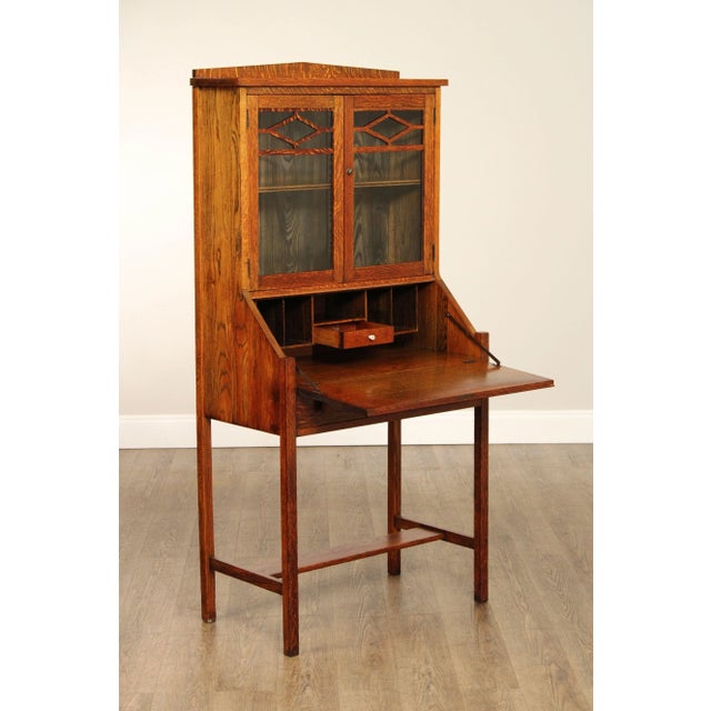 Early 20th Century Antique Arts and Crafts Oak Drop Front Secretary Desk For Sale - Image 5 of 12