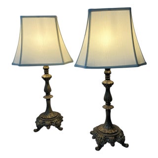 Mid 20th Century Gilt Metal Footed Baroque Style Lamps and Shades - A Pair For Sale