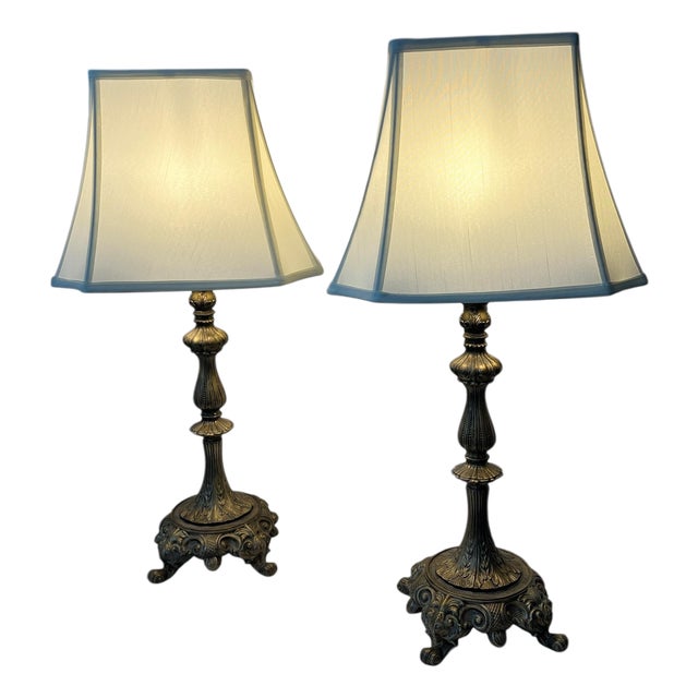Mid 20th Century Gilt Metal Footed Baroque Style Lamps and Shades - A Pair For Sale