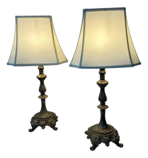 Mid 20th Century Gilt Metal Footed Baroque Style Lamps and Shades - A Pair