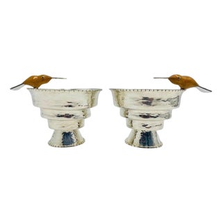 1980s Pair of Emilia Castillo Silver-Plated Vases With Jasper Hummingbirds, Mexican For Sale