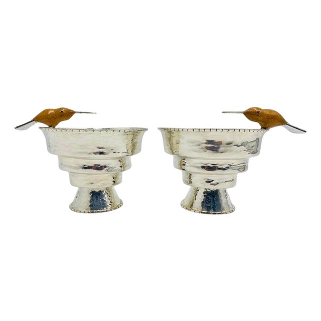 1980s Pair of Emilia Castillo Silver-Plated Vases With Jasper Hummingbirds, Mexican For Sale