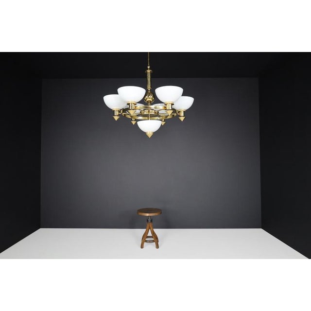 Sculptural Italian Chandelier in Brass & Opaline Glass, 1970s For Sale - Image 4 of 16