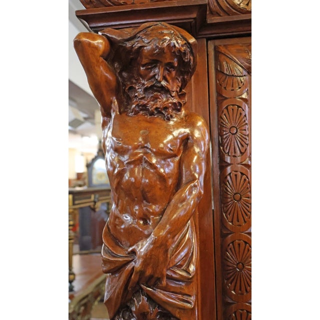 19th Century Renaissance Revival Atlas Walnut Figural Curio China Cabinet For Sale - Image 11 of 18