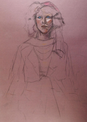 1980's Portrait in Purple Pastel Drawing