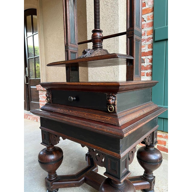 Late 19th Century Antique English Book Press Table Renaissance Carved Oak Ebonized Cabinet C1880 For Sale - Image 5 of 18
