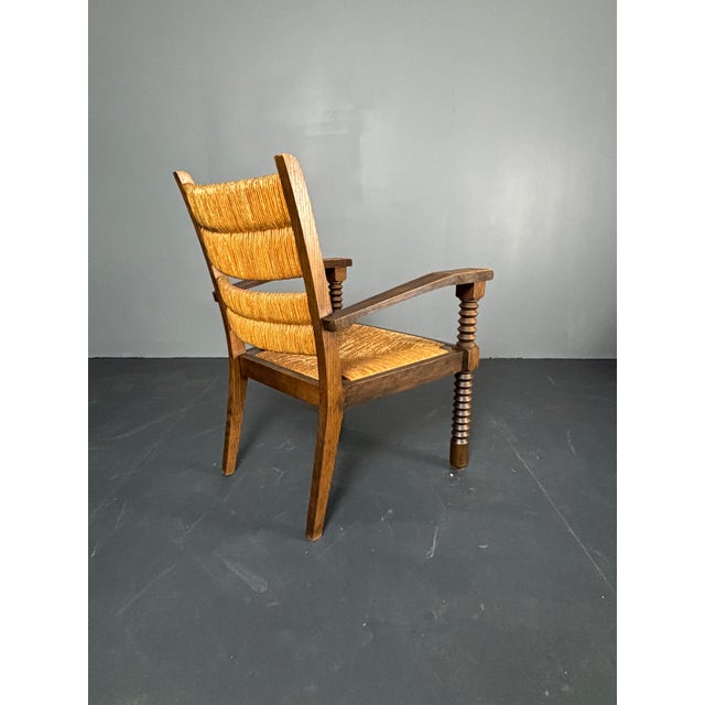 Brutalist Turned Oak and Rush Armchair in the style of Charles Dudouyt, France, 1950s For Sale - Image 11 of 18