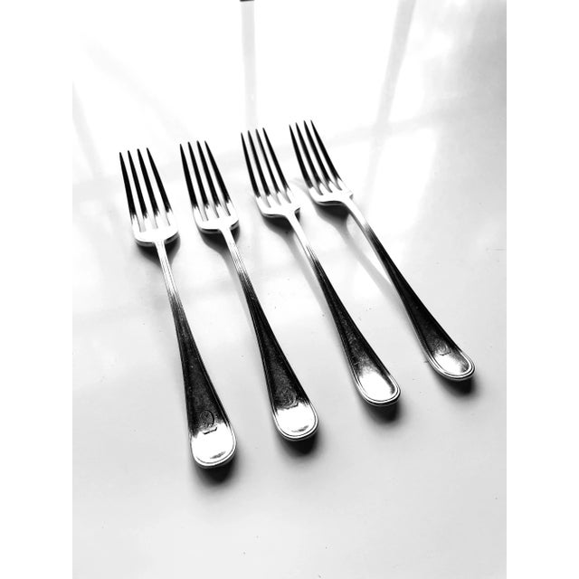 1914 , Antique silver plate set of 4 dinner forks 7"L , makers mark reads " Birks EP-NS" York Regency Pattern, Minor age...