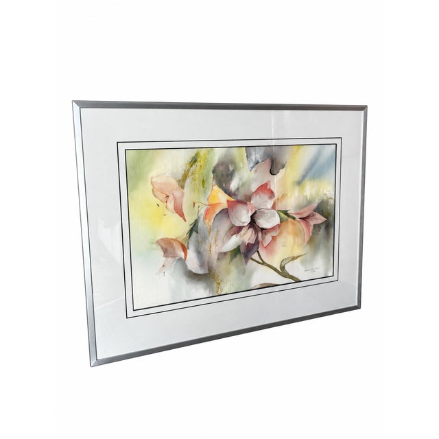 1989 Signed Abstract Floral Watercolor in New Silver-Tone Frame For Sale - Image 9 of 16
