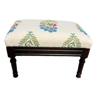 1920s English Mahogany Footstool Newly Upholstered Seat Turned Legs Stool For Sale