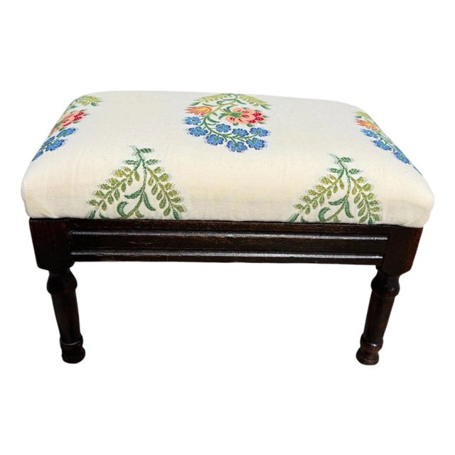 1920s English Mahogany Footstool Newly Upholstered Seat Turned Legs Stool For Sale