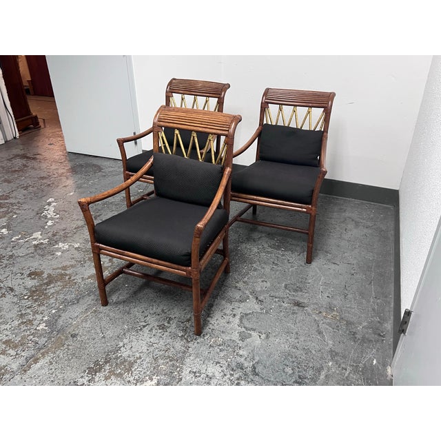 Traditional McGuire Style Bamboo + Rattan Armchairs, Set of Three For Sale - Image 3 of 12
